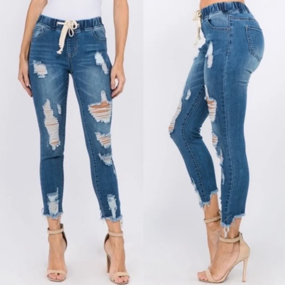 Plus Dark Wash Denim Distressed Skinny Joggers - Picture 6 of 6